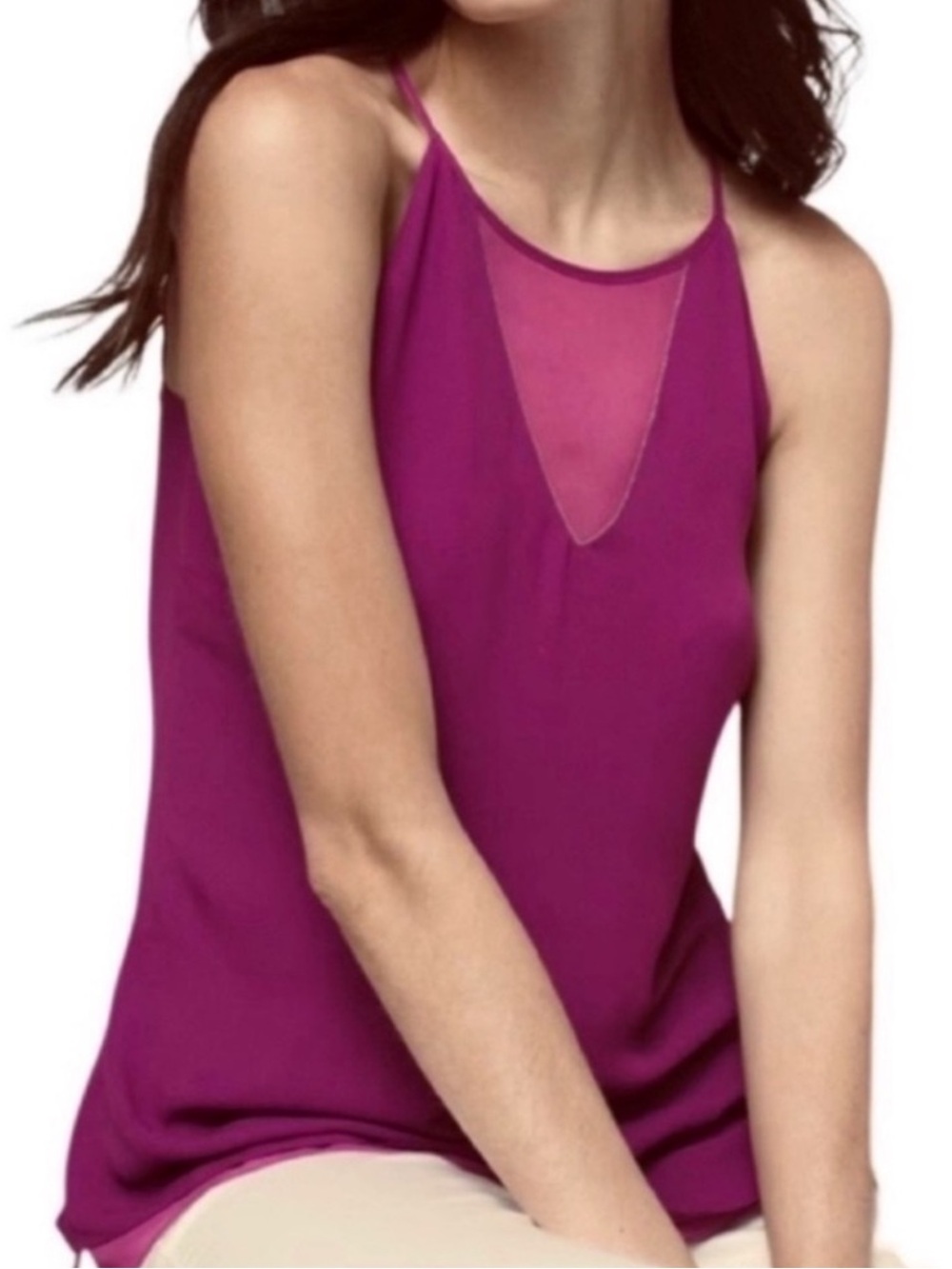 WHBM Illusion Neckline Camisole Chiffon Ball & Chain Violet Purple Pink Size M
